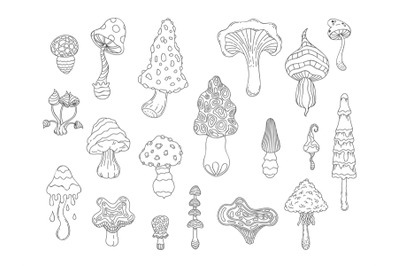 Psychedelic mushrooms. Abstract hand drawn coloring amanita and hipppi