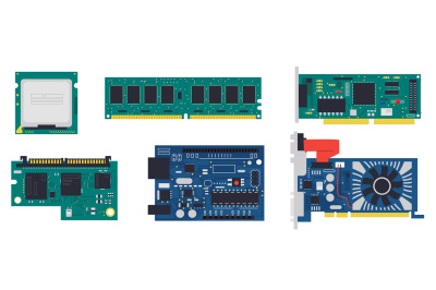 Electronic PCB. Electric circuit board with memory chip, conductor and