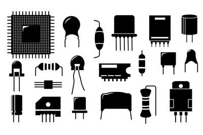 Black electronic component icons. Electric circuit conductor and semic