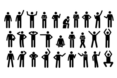 Stickman postures. Black silhouette simplified people, human figures s