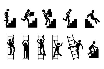 Stick man go up. Black pictograms of people climbing on staircase and