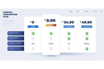 Price plan. Comparison table infographic&2C; monthly subscriptions checkl