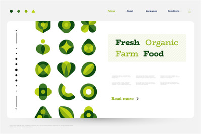 Organic food landing. Web page template with flat geometric abstract s