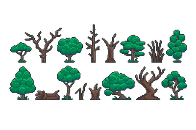 Pixel tree trunk. Retro 8 bit video game sprite asset, green trees old