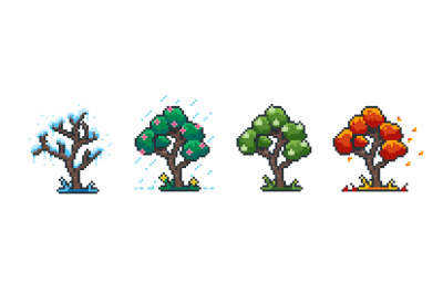 Season pixel tree. 8 bit spring summer autumn and winter cartoon tree