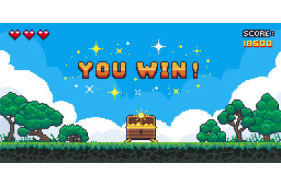 Pixel game win screen. Retro 8 bit video game interface with You Win t