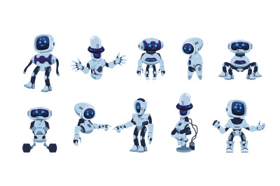 Cartoon robots. Artificial bot character with funny face, arms body an