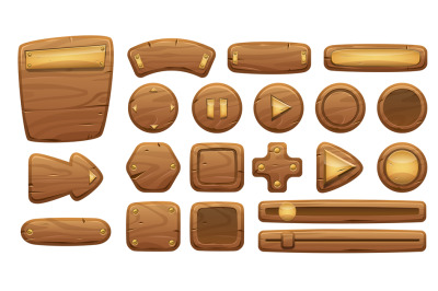 Wooden interface panel. 2D game cartoon wood buttons and menu UI eleme