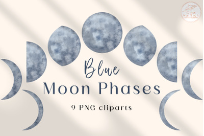 Watercolor Moon Phases Clipart. Crescent and Full Moon, Celestial PNG