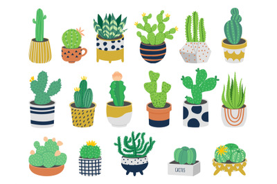 Cactus in pots. Cute cartoon exotic succulent plants in flower pots, d