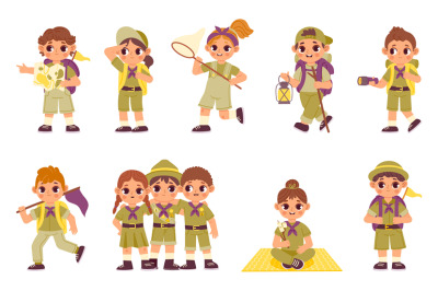 Kids in scout camp. Cartoon boys and girl in scout clothes make a fire