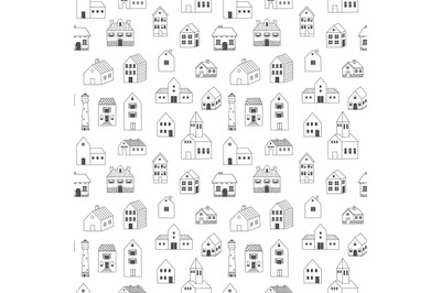 Doodle houses pattern. Seamless print of cute scandinavian minimalisti