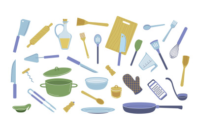 Cartoon kitchenware set. Vector kitchen utensils tools and equipment,