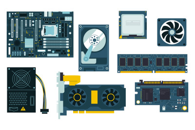 PC components. CPU GPU motherboard cooler, SSD and hand drawn memory m