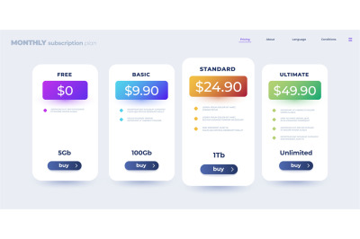 Pricing table. Monthly subscription comparison table infographic templ