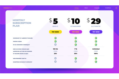 Monthly subscription. Price table and product feature comparison infog