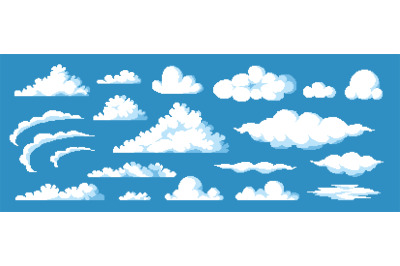 Game clouds asset. Retro 8 bit video game background with cartoon clou