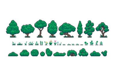 Pixel forest set. Retro 8 bit video game UI elements, trees bushes and