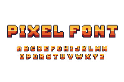 Pixel game font. Arcade 8 bit alphabet symbols, retro console text ele