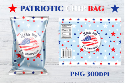 Patriotic chip bag. Kiss me I&#039;m american. Printable design.