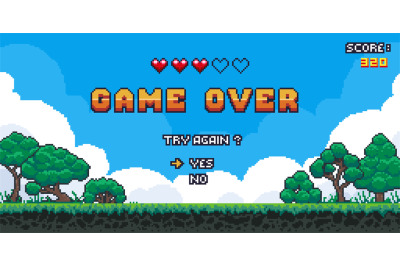 Game over background. Retro pixel 8 bit video game screen with score i