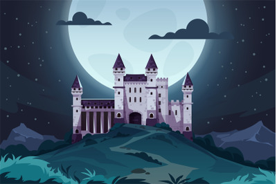 Evening cartoon castle. Medieval fairytale fortress at night, magic la