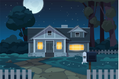 Country house night. Cartoon cottage landscape scene at night, neighbo