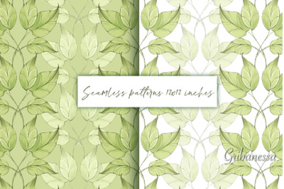 Green leaves seamless patterns. Summer floral background