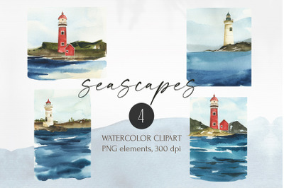 Watercolor Seascapes clipart. Nautical elements: lighthouses, ocean