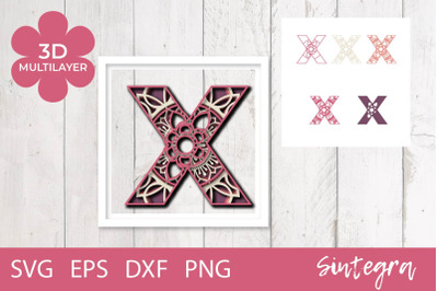3D Floral Letter X Mandala Multilayer SVG Cut File