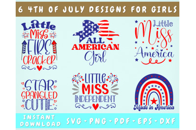 4th of July SVG For Girls, 6 Designs, Independence Day SVG For Kids