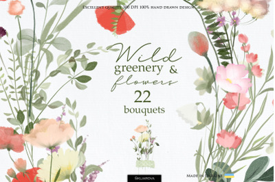Wild greenery and flowers bouquets
