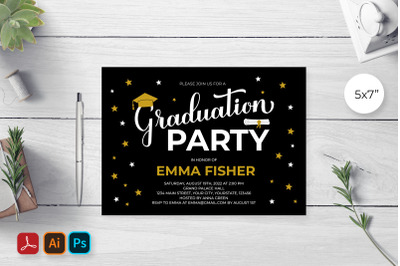 Editable Graduation Invitation Card Template. Black and Gold Grad Part