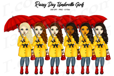 Rainy Day Girls Clipart Women with Umbrellas PNG