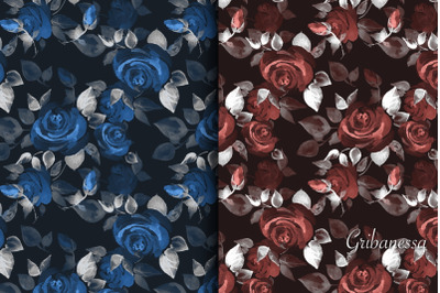 Roses on black. Seamless patterns