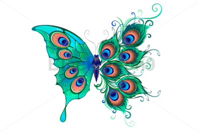 Butterfly with Green Peacock Feathers