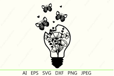 Lightbulb with flowers and butterfly svg&2C; Floral light bulb clipart