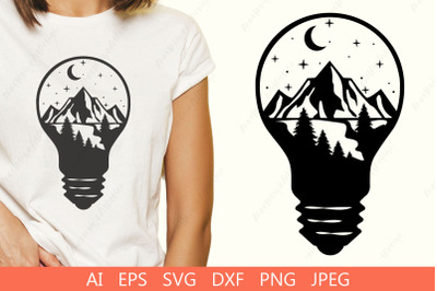 Lightbulb with mountain svg, Outdoor dxf, Wild landscape design