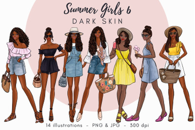 Summer Girls 6 - Dark skin Watercolor Fashion Clipart