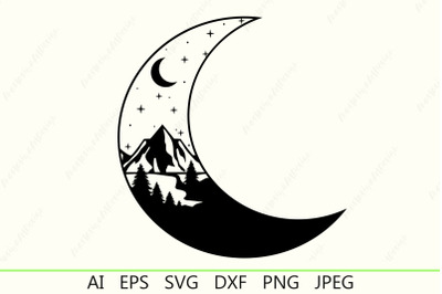 Moon and nature silhouette svg, Outdoors clipart, Mountains