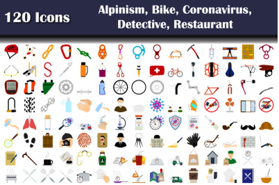 Set Of 120 Alpinism, Bike, Sport, COVID-19, Detective, Restaurant Icon