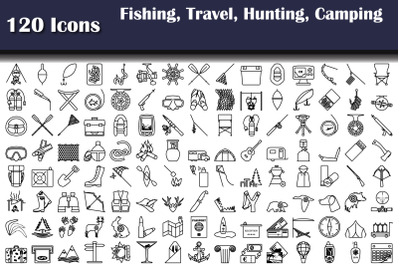 Set Of 120 Icons Fishing, Travel, Hunting, Camping Icons