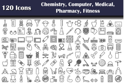 Set Of 120 Icons Chemistry, Computer, Medical, Pharmacy, Fitness Icons