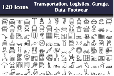 Set Of 120 Transportation, Logistics, Garage, Data, Footwear Icons