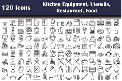 Set Of 120 Kitchen Equipment, Utensils, Restaurant, Food Icons