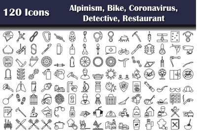 Set Of 120 Alpinism&2C; Bike&2C; Sport&2C; COVID-19&2C; Detective&2C; Restaurant Icon