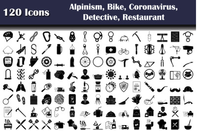 Set Of 120 Alpinism, Bike, Sport, COVID-19, Detective, Restaurant Icon