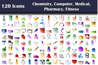 Set Of 120 Icons Chemistry, Computer, Medical, Pharmacy, Fitness Icons