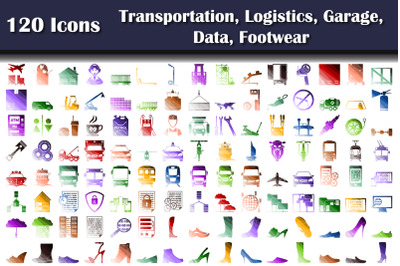 Set Of 120 Transportation, Logistics, Garage, Data, Footwear Icons