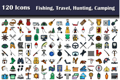 Set Of 120 Icons Fishing, Travel, Hunting, Camping Icons